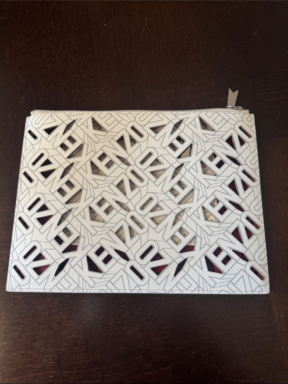 Kenzo White Laser-Cut Pouch with Red Peek